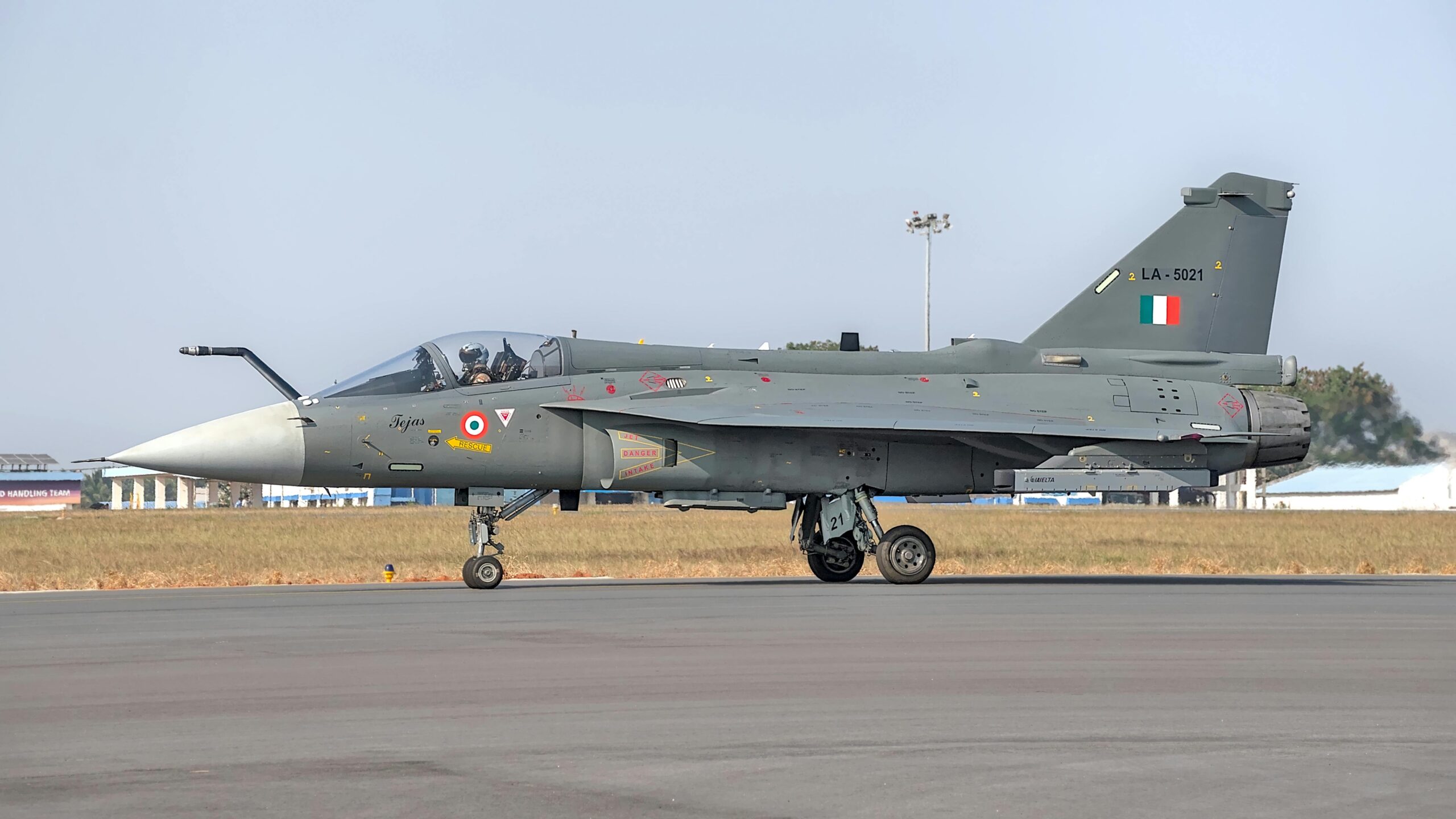 Tejas fighter jet of Indian Air Force parked on runway in Bengaluru, India.
